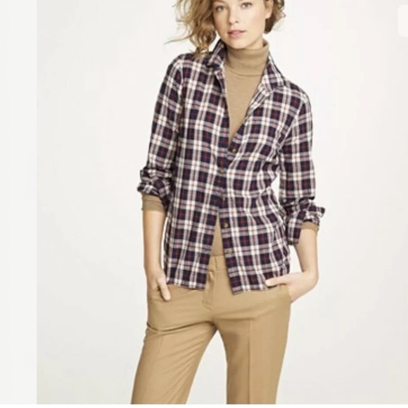 J Crew Perfect Shirt Bronze Buttons Navy Plaid - Picture 1 of 9